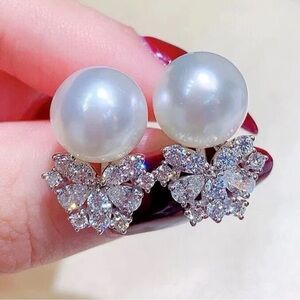 Pearl Stud Earrings with Crystal Floral/ Butterfly Base”